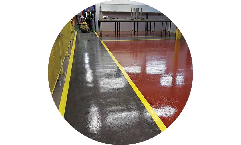 Warehouse floor painted using epoxicote high build to create nice walkways and line marking
