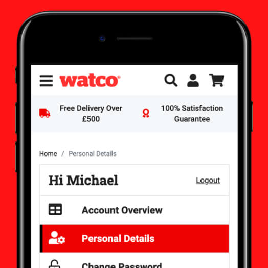 Mobile phone with screenshot of Watco account personal details