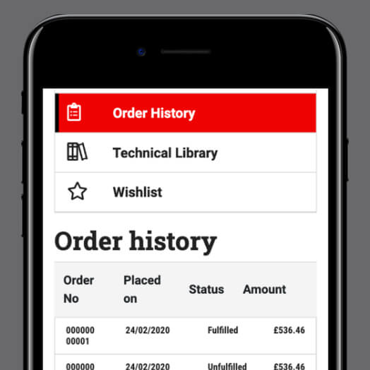 Mobile phone with screenshot of Watco account order history
