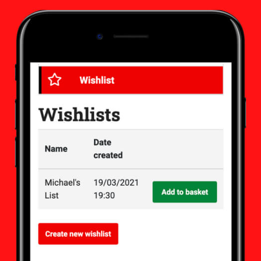 Mobile phone with screenshot of Watco account product wishlists